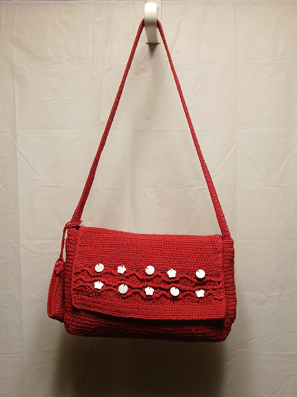 Red Crochet Shoulder Bag with Button Accent